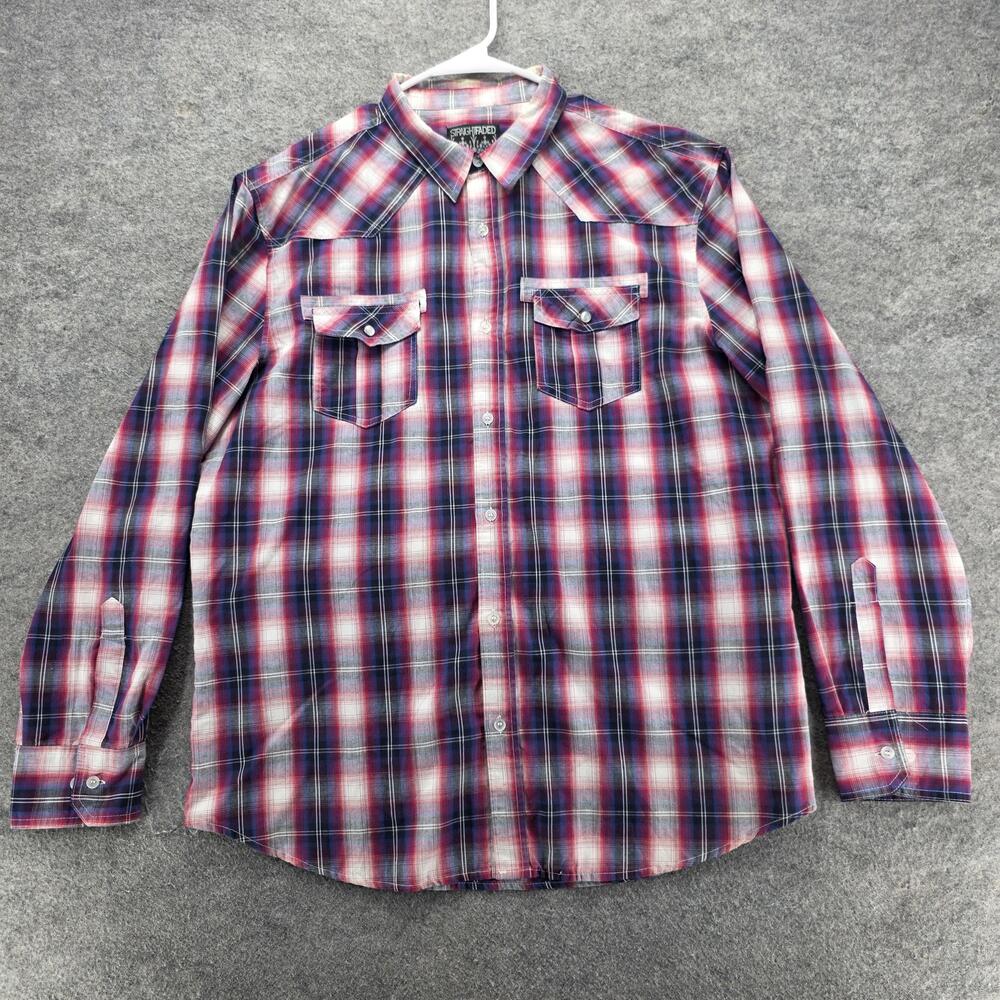 Straight Faded Shirt Mens XL Red Plaid Cotton Long Sleeve Button Up Pockets